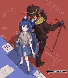 Rule 34 | 1boy, 1girl, back-to-back, blue eyes, blue hair, blue skirt, bowler hat, cane, clothed robot, fengzhong yuntuan, hat, highres, holding, holding cane, humanoid robot, jojo no kimyou na bouken, jojolion, long hair, looking at viewer, looking up, robot, scarf, skirt, stand (jojo), to be continued, touhou, wonder of u, yellow scarf, yorigami shion