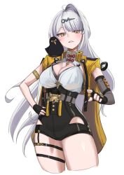 1girl ahoge animal animal_on_shoulder bird bird_on_shoulder black_gloves black_shorts breasts cleavage cropped_legs dondobi fingerless_gloves gloves hand_on_own_hip high-waist_shorts highres jacket large_breasts long_hair looking_at_viewer open_clothes open_jacket parted_lips pointing pointing_at_viewer shirt shorts simple_background single_hair_intake solo white_background white_hair white_shirt yellow_eyes yellow_jacket yi_xuan_(zenless_zone_zero) zenless_zone_zero