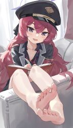 :d absurdres armband barefoot black_hat blue_archive blush book breasts cleavage collared_shirt double-parted_bangs fang5hine feet hat highres holding holding_quill iroha_(blue_archive) long_eyelashes one_eye_closed open_mouth peaked_cap quill red_armband red_hair shirt sitting slit_pupils small_breasts smile soles toes wavy_hair writing