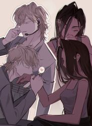 Rule 34 | 1boy, 1girl, alien stage, bare shoulders, blonde hair, cigarette, closed eyes, commentary, grey eyes, grey shirt, grey tank top, headset, heart, hetero, highres, holding another&#039;s wrist, hyuna (alien stage), kiss, kissing hand, long hair, long sleeves, luka (alien stage), microphone, outline, s301t9, shirt, short hair, smoking, spoken heart, sweatdrop, tank top, very long hair, white outline, yellow eyes