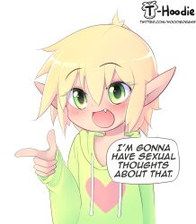 1boy artist_name bad_tag blonde_hair blush elf english_text eyelashes eyes_visible_through_hair fang finger_gun gesture green_eyes green_hoodie hair_between_eyes heart heart_print highres hood hoodie max_(t-hoodie) meme open_mouth original pink_tongue pointing pointy_ears portrait simple_background smile solo speech_bubble t-hoodie teeth tongue trap watermark web_address white_background