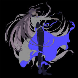 1boy abstract ahoge arm_up black_background blue_eyes crossed_ankles denim expressionless floating_clothes floating_hair from_behind full_body hand_on_own_chin highres huge_ahoge hypnosis_mic jeans jinguji_jakurai lab_coat long_hair long_sleeves male_focus multicolored_hair pants parted_lips purple_hair simple_background solo souko_(floyd) standing turtleneck two-tone_hair very_long_hair