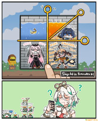&gt;_&lt; absurdres ahoge blue_eyes blue_hair blush bound brown_hair cecilia_immergreen cecilia_immergreen_(1st_costume) cellphone cup doll_joints dress english_text fake_screenshot fork gag gigi_murin gigi_murin_(1st_costume) gloves grem_(gigi_murin) hair_intakes highres hololive hololive_english improvised_gag joints lava long_hair mori_calliope mori_calliope_(1st_costume) multicolored_hair multiple_girls orangejuicezhe otomo_(cecilia_immergreen) ouro_kronii ouro_kronii_(1st_costume) pebble_(koseki_bijou) phone pink_hair short_hair single_thighhigh smartphone tape tape_gag teacup thighhighs tiara tied_up_(nonsexual) twintails two-tone_hair virtual_youtuber water winding_key yagoo