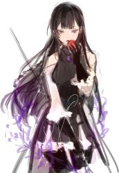 1girl apple arm_behind_back black_dress black_gloves black_hair blunt_bangs brooch cowboy_shot detached_sleeves dress food frilled_sleeves frills fruit gloves holding holding_food holding_fruit jewelry looking_at_viewer open_mouth original purple_eyes simple_background solo white_background yoimon