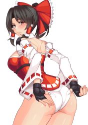 1girl adjusting_clothes adjusting_panties ass bare_shoulders black_hair blush bow breasts brown_eyes detached_sleeves female_focus fingerless_gloves from_behind gloves hair_bow hair_tubes hakurei_reimu highres japanese_clothes kupala long_hair looking_back looking_down panties ponytail shiny_skin sideboob solo touhou underwear