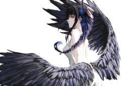 1girl absurdres backless_dress backless_outfit black_hair black_horns black_wings blue_hair braid braided_ponytail breasts dress feathered_wings from_side hair_ribbon highres hololive hololive_english horns kizuru09 low_wings medium_breasts multicolored_hair nerissa_ravencroft pink_ribbon red_eyes ribbon simple_background solo two-tone_hair virtual_youtuber white_background white_dress wings