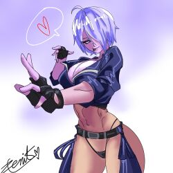 1girl angel_(kof) artist_name black_g-string black_gloves black_jacket blue_eyes breasts chaps cleavage female_focus fingerless_gloves g-string gloves hair_over_one_eye heart jacket large_breasts leather leather_jacket looking_at_viewer midriff navel short_hair solo spoken_heart the_king_of_fighters the_king_of_fighters_xv thick_thighs thighs thong tongue tongue_out white_hair