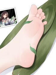 Rule 34 | 1girl, bare shoulders, barefoot, blush, breasts, brown eyes, brown hair, closed mouth, feet, foot focus, girls&#039; frontline, girls&#039; frontline neural cloud, highres, large breasts, leaf, long sleeves, looking at viewer, off shoulder, official alternate costume, reference inset, shadow, simple background, smile, soles, solo, souchun (neural cloud), toes, type 64 (girls&#039; frontline), white background, wl217 (nicexa111)