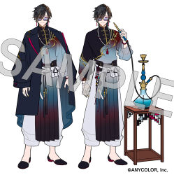 1boy bead_bracelet bead_necklace beads belt belt_pouch black_coat black_hair black_nails black_shoes blue_coat bracelet chinese_clothes closed_mouth coat commentary_request company_name copyright_notice earrings fingernails flats glasses hair_ornament hair_over_one_eye hairclip hand_up holding hookah jewelry kyo_zip lapels long_sleeves looking_at_viewer male_focus mandarin_collar multicolored_nails multiple_views nail_polish necklace nijisanji official_alternate_costume official_art one_eye_covered open_clothes open_coat pants parted_bangs pelvic_curtain pouch purple-tinted_eyewear purple_eyes ribbon shikinagi_akira shikinagi_akira_(3rd_costume) shoes short_hair simple_background smile standing table tangzhuang tassel tassel_earrings tinted_eyewear virtual_youtuber white_background white_belt white_pants yellow_nails