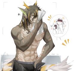 1boy 1other abs acheki animal_ears annoyed arknights artist_name bara black_male_underwear commentary dated doctor_(arknights) dragon_boy dragon_ears dragon_horns english_commentary fins fish_tail furry furry_male happy_aura highres holding holding_towel horns lee_(arknights) looking_at_viewer male_focus male_underwear multicolored_hair multiple_scars muscular muscular_male navel open_pants pants pectorals scar scar_on_arm scar_on_chest scar_on_stomach speech_bubble spoken_character sweat tail topless_male towel underwear undressing wet white_background