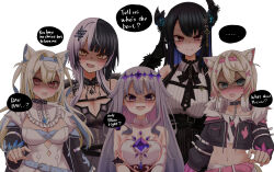 animal_ear_fluff animal_ears asymmetrical_horns black_choker black_hair blonde_hair blue_hair blush breasts chest_jewel choker circlet cleavage coat colored_inner_hair detached_collar dog_ears dog_girl dog_tail dress fur_trim fuwawa_abyssgard fuwawa_abyssgard_(1st_costume) gem grey_hair hair_ornament highres holoadvent hololive hololive_english horns koseki_bijou koseki_bijou_(1st_costume) long_hair mococo_abyssgard mococo_abyssgard_(1st_costume) multicolored_hair multiple_girls natsume_mina nerissa_ravencroft nerissa_ravencroft_(1st_costume) open_mouth pink_eyes pink_hair purple_eyes purple_gemstone purple_hair shiori_novella shiori_novella_(1st_costume) siblings sisters split-color_hair streaked_hair tail twins two-tone_hair uneven_horns virtual_youtuber white_background white_dress yandere yellow_eyes