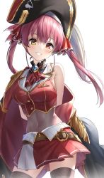 1girl ascot belt bicorne black_choker black_coat black_hat black_ribbon blush breasts brooch brown_belt choker cleavage coat cropped_jacket frilled_choker frilled_shirt_collar frills gold_trim hair_ribbon hat heterochromia highres hololive houshou_marine jacket jewelry leather_belt leotard leotard_under_clothes long_hair looking_at_viewer miniskirt off_shoulder pleated_skirt red_ascot red_eyes red_hair red_jacket red_ribbon red_skirt ribbon see-through_clothes see-through_cleavage see-through_leotard simple_background skirt sleeveless sleeveless_jacket smile solo thighhighs tsurupy twintails very_long_hair virtual_youtuber white_background yellow_eyes