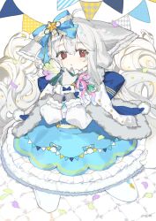 1girl ahoge alt_text animal_ear_fluff animal_ears argyle_clothes argyle_pantyhose atsumi_jun back_bow bell bib blue_bow blue_dress bow bowtie capelet commentary_request commission confetti dress ears_down flower fox_ears fox_girl fox_tail frilled_dress frills fur-trimmed_capelet fur-trimmed_dress fur-trimmed_gloves fur_trim gloves hair_between_eyes hair_bow hair_ornament hair_scrunchie high_collar highres holding holding_flower kneeling large_bow large_ears large_tail layered_dress legs_apart long_hair long_sleeves looking_at_viewer original pantyhose parted_lips pennant pixiv_commission print_dress puffy_sleeves red_eyes sakurada_shiro_(hy_plus) sakurada_shiro_(winter)_(hy_plus) scrunchie seiza signature sitting solo star_ornament string_of_flags striped_clothes striped_dress tail vertical-striped_sleeves very_long_hair white_capelet white_gloves white_hair white_pantyhose white_sleeves winter_clothes