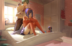 1boy 1girl absurdres bedroom black_pants blue_hair blue_skirt brushing_hair ciexbiet closed_eyes closed_mouth clothes_hanger comb commentary_request crazy_mita_(miside) crop_top cropped_shirt dress green_hair hair_ornament hairband hairclip highres holding holding_comb indoors knees_up long_hair looking_at_another low_twintails miniskirt mirror miside mita_(miside) on_bed open_mouth panties pants player_character_(miside) pleated_skirt red_hairband red_shirt red_thighhighs santa_costume santa_dress shirt skirt slice_of_life smile thighhighs twintails underwear wardrobe white_panties white_shirt