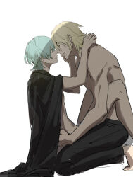 2boys anx87400528 black_cape black_pants blonde_hair cape closed_eyes commentary_request dimitri_alexandre_blaiddyd dimitri_alexandre_blaiddyd_(timeskip) feet_out_of_frame fire_emblem fire_emblem:_three_houses hair_behind_ear hand_on_another&#039;s_face hand_on_another&#039;s_hip highres imminent_kiss male_byleth_(enlightened)_(fire_emblem) male_byleth_(fire_emblem) male_focus medium_hair multiple_boys nintendo pants parted_lips profile simple_background smile topless_male white_background yaoi