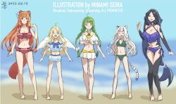 5girls :d ahoge alternate_costume animal_ears aqua_bikini artist_name atla_fayon back barefoot beach bikini bikini_skirt bird_wings black_hair blonde_hair blue_bikini blue_eyes blue_hair blue_sky blue_trim blunt_bangs body_markings braid breasts cleavage closed_mouth colored_inner_hair commentary_request cowboy_shot dated day detached_sleeves facing_viewer feathered_wings filo_(tate_no_yuusha_no_nariagari) forehead frilled_bikini_top from_behind from_side full_body green_eyes green_hair hair_ribbon hands_up large_breasts long_hair looking_at_viewer medium_breasts minami_seira multicolored_hair multiple_girls navel ocean one_eye_closed open_mouth orange_hair outdoors raccoon_ears raccoon_girl raccoon_tail raphtalia red_bikini red_eyes red_ribbon ribbon rishia_ivyred sadina_(tate_no_yuusha_no_nariagari) shirt short_sleeves side-tie_bikini_bottom sketch sky small_breasts smile stomach swimsuit tail tate_no_yuusha_no_nariagari teeth tied_shirt tiger_ears tiger_girl tiger_tail twin_braids two-tone_hair upper_teeth_only very_long_hair white_bikini white_hair white_shirt white_sleeves white_wings wings yellow_bikini