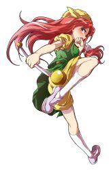 1girl alphes_(style) ass bare_arms blush closed_mouth commentary_request dairi floating_hair from_side full_body hair_ribbon hat holding kneehighs large_variant_set leg_up loafers long_hair orange_(touhou) parody puffy_short_sleeves puffy_sleeves red_hair ribbon shirt shoes short_sleeves shorts socks solo standing standing_on_one_leg style_parody touhou touhou_(pc-98) transparent_background twirl_baton variant_set white_ribbon white_socks yellow_hat yellow_shirt yellow_shorts