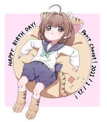 &gt;_&lt; 1girl 2021 absurdres ahoge animal_ears animal_hat back_bow blue_bow blue_sailor_collar blue_shorts blush boots border bow brown_eyes brown_hair cat_ears cat_girl cat_hat cat_tail character_name child commentary_request dated di_gi_charat flower fujiwara_tatsuroo full_body gema green_neckerchief hair_intakes happy_birthday hat hat_flower highres long_sleeves low_twintails lying medium_hair neckerchief on_back parted_lips paw_shoes pink_background puchiko puffy_shorts sailor_collar sailor_shirt shirt shorts solo striped_clothes striped_footwear striped_tail sweatdrop tail twintails white_border white_flower white_shirt yellow_boots yellow_hat yellow_tail