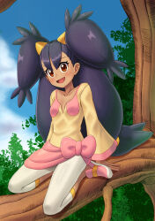1girl :d arm_support black_hair blush bow breasts capri_pants collarbone commentary_request day els_(ljhlee12) eyelashes highres iris_(pokemon) korean_commentary long_hair long_sleeves low-tied_long_hair nintendo open_mouth outdoors pants pink_bow pink_shoes pink_skirt pokemon pokemon_bw shirt shoes sitting_on_branch skirt sky small_breasts smile solo tree two_side_up white_pants yellow_shirt
