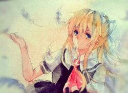 air_(visual_novel) at-sakura black_dress blonde_hair blue_eyes dress feathers kamio_misuzu looking_at_viewer neckerchief puffy_sleeves red_neckerchief ribbon traditional_media white_ribbon