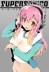 1girl blonde_hair bottomless character_name female_focus gradient_hair grey_background groin headphones kubocha kubota long_hair looking_at_viewer multicolored_hair navel nitroplus pink_eyes pink_hair solo super_sonico