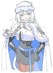 1girl animal_ears belt blue_belt breasts cape capelet cat_ears cat_girl cat_tail closed_eyes crop_top crop_top_overhang dobrynya_nikitich_(fate) dobrynya_nikitich_(first_ascension)_(fate) dress fate/grand_order fate_(series) fur-trimmed_cape fur-trimmed_capelet fur-trimmed_headwear fur_trim gauntlets grey_dress highres lajomcgolf85641 long_hair long_sleeves low_ponytail ponytail shadow smile smirk solo tail thighhighs white_cape white_capelet white_hair