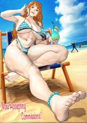 1girl 2boys absurdres b_0_rukia beach bikini bracelet breasts cleavage commentary curvy earrings feet food fruit highleg highleg_bikini highres jewelry lemon lemon_slice long_hair monkey_d._luffy multiple_boys nail_polish nami_(one_piece) one_piece orange_hair pink_nails sanji_(one_piece) shiny_skin swimsuit thong thong_bikini toenail_polish toenails wide_hips