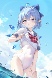 1girl absurdres ahoge alternate_costume blue_bow blue_eyes blue_hair blue_sailor_collar blue_sky blush bow bowtie cirno closed_mouth clothes_lift covered_navel day gluteal_fold hair_bow highres ice ice_wings kuroida lens_flare lifting_own_clothes looking_at_viewer one-piece_swimsuit outdoors pointy_ears red_bow red_bowtie sailor_collar school_uniform serafuku shirt shirt_lift short_hair sky smile solo standing striped_bow striped_bowtie striped_clothes summer swimsuit touhou wading wet white_one-piece_swimsuit white_shirt wings