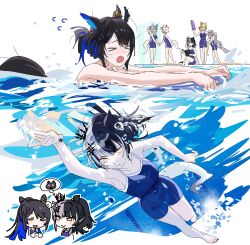 &gt;_&lt; 6+girls absurdres animal_ears black_hair blonde_hair blue_hair blue_one-piece_swimsuit chibi chibi_inset closed_eyes fuwawa_abyssgard grey_hair highres holoadvent hololive hololive_english hololive_indonesia horse_ears horse_girl horse_tail kaela_kovalskia koseki_bijou mococo_abyssgard multicolored_hair multiple_girls one-piece_swimsuit open_mouth partially_submerged pool shiori_novella split-color_hair submerged swimming swimsuit tail tracen_swimsuit two-tone_hair umamusume virtual_youtuber yellow_eyes yomosaka