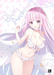 1girl :d bare_arms bare_shoulders bikini blue_archive breasts brown_eyes cleavage collarbone commentary_request copyright_name crescent feathered_wings frilled_bikini frills halo hands_up highleg highleg_bikini large_breasts long_hair looking_at_viewer low_wings mika_(blue_archive) mika_(swimsuit)_(blue_archive) mitha multi-strapped_bikini_bottom navel open_mouth pink_hair smile solo swimsuit very_long_hair white_background white_wings wings