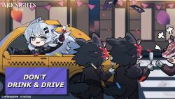 1girl 3boys :d alcohol animal_ears arknights black_hair black_jacket black_pants car champagne_flute character_request chibi clothing_cutout copyright_name crosswalk cup drinking_glass driving english_text fang gloves grey_eyes grey_gloves grey_hair highres holding holding_cup jacket lappland_(arknights) mabing motor_vehicle multiple_boys night night_sky official_art open_mouth outdoors pants pennant scar scar_across_eye scar_on_face second-party_source sharp_teeth sky smile standing string_of_flags tail tail_through_clothes teeth wine wine_glass