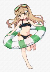 1girl barefoot bikini black_bikini blunt_bangs bow brown_eyes collarbone flat_chest frilled_bikini frills goggles goggles_on_head grey_background highres innertube long_hair looking_at_viewer mwm5 navel netty_(world_flipper) open_mouth orange_bow solo striped_innertube swim_ring swimsuit very_long_hair world_flipper