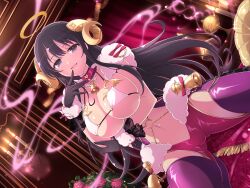 1girl animal_costume arm_under_breasts ass bell black_gloves black_hair blue_eyes blush bow breasts candle candlestand choker cleavage collarbone come_hither curled_horns fire flower frilled_choker frills fur_collar fur_wrist_cuffs gloves gluteal_fold gold gold_horns hair_between_eyes halo highres horns incense incense_burner indoors jewelry lace lace_gloves large_breasts leaf light_particles linea_alba long_hair looking_at_viewer micro_bra neck_bell o-ring official_alternate_costume official_art on_bed open_mouth parted_lips pink_flower pink_rose plant purple_thighhighs red_bow red_choker red_curtains revealing_clothes rose ryouki_(senran_kagura) seductive_smile senran_kagura senran_kagura_estival_versus senran_kagura_new_link sheep_costume sheep_girl sheep_horns shiny_skin sitting skindentation smile solo sparkle thighhighs underboob very_long_hair wariza wrist_cuffs yaegashi_nan yellow_halo