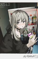 Rule 34 | 1girl, black choker, black sweater, chinese commentary, choker, commentary request, dated, girls band cry, grey eyes, grey hair, highres, holding juice box, indoors, kawaragi momoka, kiraing poi, looking at viewer, multicolored hair, off shoulder, olive oil, photo background, refrigerator, roots (hair), solo, sweater, tongue, tongue out, translation request