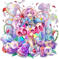 Rule 34 | 1girl, black hairband, blue flower, blue rose, blue shirt, bubble, buttons, circle skirt, closed mouth, collared shirt, expressionless, eyeball, falling petals, floral print, flower, frilled shirt collar, frilled skirt, frilled sleeves, frills, full body, game cg, hair ornament, hairband, heart, heart button, heart hair ornament, highres, komeiji satori, leg up, long sleeves, looking at viewer, official art, petals, pillar, pink eyes, pink flower, pink hair, pink rose, pink skirt, pink slippers, print skirt, red petals, ribbon-trimmed collar, ribbon trim, rose, rose print, rotte (1109), shirt, skirt, slippers, socks, solo, stained glass, third-party source, third eye, thorns, touhou, touhou lostword, transparent background, white socks, wide sleeves