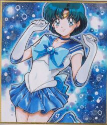 1girl back_bow bishoujo_senshi_sailor_moon blue_choker blue_eyes blue_hair blue_sailor_collar blue_skirt boots bow choker circlet covered_navel earrings elbow_gloves gloves highres jewelry mizuno_ami sailor_collar sailor_mercury sailor_senshi_uniform short_hair skirt smile solo user_kztc4472 white_gloves