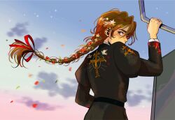 Rule 34 | 1boy, androgynous, andythelemon, bird, blue eyes, braid, brown hair, cross, dove, duo maxwell, flower, flower on head, freckles, gundam, gundam wing, hair ornament, hair ribbon, long hair, looking back, male focus, pale skin, red ribbon, ribbon, solo, star (symbol), star hair ornament