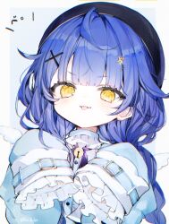 ahoge amamiya_kokoro bell beret black_hat blue_hair blunt_bangs border eyelashes frills hair_ornament hairpin hat highres koito_(l0ve_la_bit) long_hair long_sleeves looking_at_viewer nijisanji outside_border tongue tongue_out upper_body virtual_youtuber white_border white_wings wings yellow_eyes