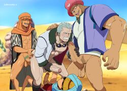 4boys anal antlers arabian_clothes bara bottomless brown_fur burankoprn censored clenched_teeth dark-skinned_male dark_skin day deer_antlers desert doggystyle facial_hair feet_out_of_frame furry furry_male furry_with_non-furry gangbang girthy_penis goatee_stubble group_sex highres horns interspecies just_the_tip large_hands large_pectorals large_penis male_focus monkey_d._luffy mosaic_censoring multiple_boys muscular muscular_male official_alternate_hairstyle official_style one_piece paid_reward_available pectorals penis reindeer_boy roronoa_zoro sand sex sex_from_behind shaded_face smoker_(one_piece) standing stubble teeth toned toned_male tony_tony_chopper yaoi