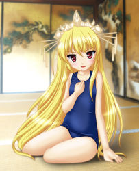 1girl blonde_hair crown female_focus fortune_arterial long_hair neopure one-piece_swimsuit red_eyes school_swimsuit sendou_kaya solo swimsuit very_long_hair