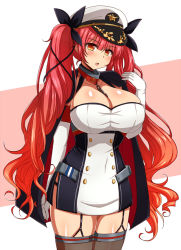 1girl :o afuro azur_lane between_breasts black_cape black_ribbon blunt_bangs blush breasts brown_thighhighs buttons cape chain cleavage collar covered_navel cowboy_shot double-breasted dress elbow_gloves female_focus garter_straps gloves hair_ribbon hand_up hat honolulu_(azur_lane) huge_breasts long_hair looking_at_viewer microdress open_mouth orange_eyes peaked_cap red_hair ribbon shiny_skin side_ponytail solo standing thighhighs twintails two-tone_background very_long_hair white_dress white_gloves white_hat zettai_ryouiki