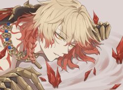 Rule 34 | 1boy, armor, back tattoo, black coat, blonde hair, braid, clawed gauntlets, coat, commentary, crystal, facial tattoo, gold necklace, gradient hair, hair between eyes, highres, honkai: star rail, honkai (series), jewelry, kujyo sk, male focus, medium hair, multicolored hair, mydei (honkai: star rail), necklace, open clothes, open coat, parted lips, pauldrons, red hair, red tattoo, shoulder armor, side braid, single pauldron, solo, symbol-only commentary, tattoo, yellow eyes
