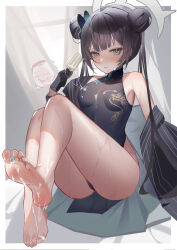 1girl absurdres ass bare_shoulders barefoot black_dress black_gloves blue_archive blue_eyes blunt_bangs blush breasts china_dress chinese_clothes commentary_request detached_sleeves doodle_sensei_(blue_archive) double_bun dress feet gloves hair_bun hair_ornament halo highres kisaki_(blue_archive) legs looking_at_viewer purple_hair saliva sensei_(blue_archive) short_hair sitting small_breasts soles thighs toes twintails xiaojuan_(user_ezvt7287)