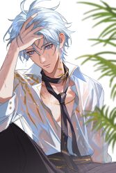 1boy absurdres antenna_hair black_necktie black_pants blue_eyes collared_shirt hand_on_own_head hashtag-only_commentary highres honkai:_star_rail honkai_(series) kiraandfriends male_focus necktie official_alternate_costume pants parted_bangs partially_unbuttoned pectoral_cleavage pectorals phainon_(anan)_(honkai:_star_rail) phainon_(honkai:_star_rail) see-through_clothes see-through_shirt shirt short_hair sleeves_rolled_up solo wet wet_clothes wet_hair wet_shirt white_hair white_shirt