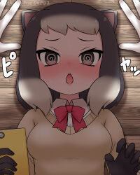 1girl :&lt; @_@ alpine_marmot_(kemono_friends) animal_ears black_gloves blush bow bowtie brown_eyes brown_hair brown_sweater cellphone collared_shirt food gloves grey_hair highres kabedon kemono_friends mabuta_(mbt) multicolored_hair open_mouth phone red_bow red_bowtie shirt short_hair sidelocks smartphone solo squirrel_ears squirrel_girl squirrel_tail sweatdrop sweater tail upper_body white_shirt