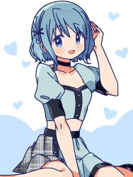 Rule 34 | 1girl, :d, absurdres, alternate costume, alternate hairstyle, asymmetrical skirt, blue background, blue eyes, blue hair, blue skirt, blue sleeves, blush, collarbone, crop top, grey skirt, hair ornament, heart, heart background, highres, jewelry, mahou shoujo madoka magica, midriff, miki sayaka, miniskirt, open mouth, pleated skirt, ring, ruru (rurumagi), short sleeves, sitting, skirt, smile, solo, stomach, two-tone background, wariza, wedding ring, white background, x hair ornament