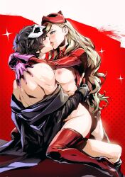 1boy 1girl amamiya_ren black_hair black_jacket blonde_hair boots cat_mask french_kiss gloves hair_down hetero high_heel_boots high_heels highres jacket joker_(persona_5) kiss mask mask_on_head off_shoulder panther_(persona_5) persona persona_5 purple_gloves red_gloves red_thighhighs sex spykeee straddling takamaki_anne thigh_boots thighhighs upright_straddle