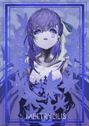100000mela 1girl absurdres bare_shoulders blue_eyes breasts character_name collarbone earrings fate/extra fate/extra_ccc fate/grand_order fate_(series) floral_print flower highres jewelry lips long_hair looking_at_another looking_up meltryllis_(fate) neck no_nipples portrait purple_flower purple_hair purple_theme ribbon sakura_five shadow simple_background small_breasts solo very_long_hair white_ribbon