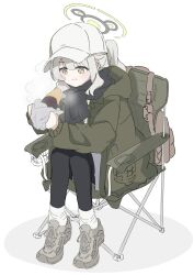 1girl :t backpack bag baseball_cap black_halo black_leggings black_scarf blue_archive blush chair coat commentary eating food full_body green_coat green_eyes green_halo grey_hair grey_shoes hair_between_eyes halo hare_(blue_archive) hare_(camp)_(blue_archive) hat highres holding holding_food hood hood_down hooded_coat leggings long_hair loose_socks minarin_(393939min) open_clothes open_coat ponytail roasted_sweet_potato scarf shadow shirt shoes sidelocks simple_background sitting socks solo sparkling_eyes sweet_potato white_background white_hat white_shirt white_socks