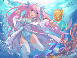 1girl ahoge air_bubble blue_eyes blue_one-piece_swimsuit bow breasts bubble cleavage cleavage_cutout clothing_cutout coat commission covered_navel diving explosive flippers floating freediving hair_bow hair_ornament highleg highleg_leotard highleg_one-piece_swimsuit highres large_breasts leotard long_hair minecraft minecraft_pickaxe minecraft_sword nikulas_cage one-piece_swimsuit original pickaxe pink_hair pixiv_commission reaching smile solo submerged swimming swimsuit sword thighhighs tnt tnt_block_(minecraft) tropical_fish twintails underwater very_long_hair white_coat white_thighhighs